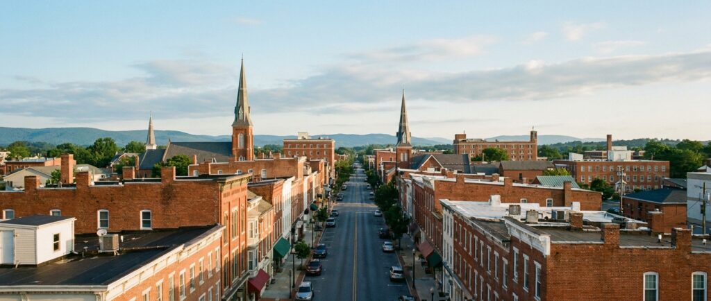 Downtown Hagerstown, Maryland cityscape showing historic buildings and church steeples with mountain foothills in the background under morning sky